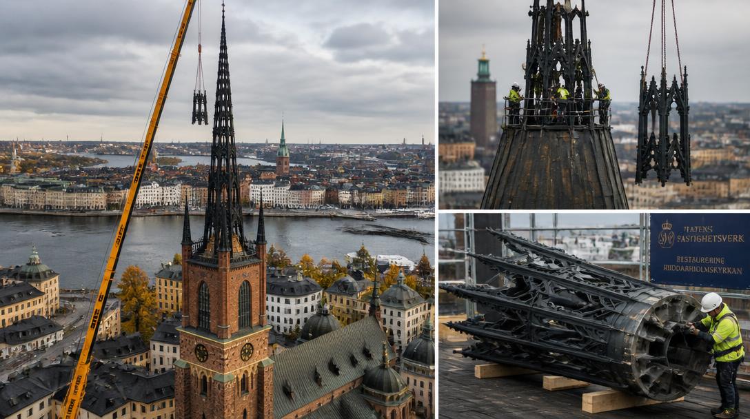 115 ton gjutjärn plockas isär när Riddarholmskyrkans spira renoveras
