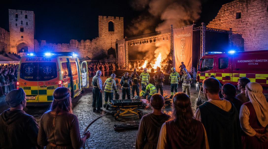 Artist fattade eld under eldshow på Medeltidsveckan i Visby