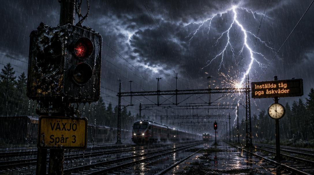 Åskan orsakar signalfel och stopp för tåg i Småland på midsommar