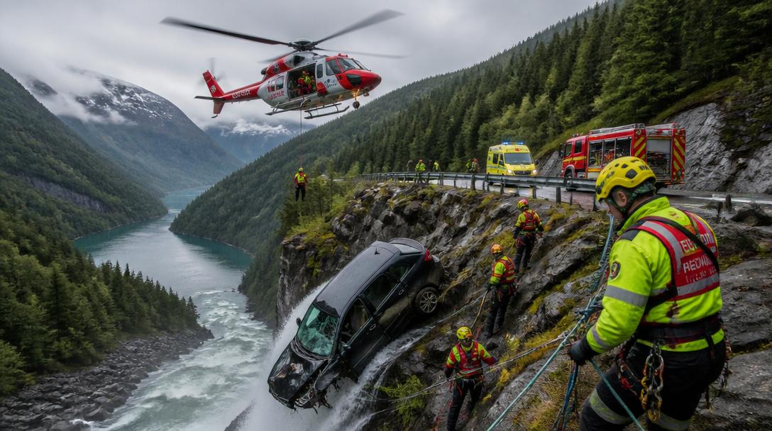 Bil voltade ner i å i Åre, två förda till sjukhus