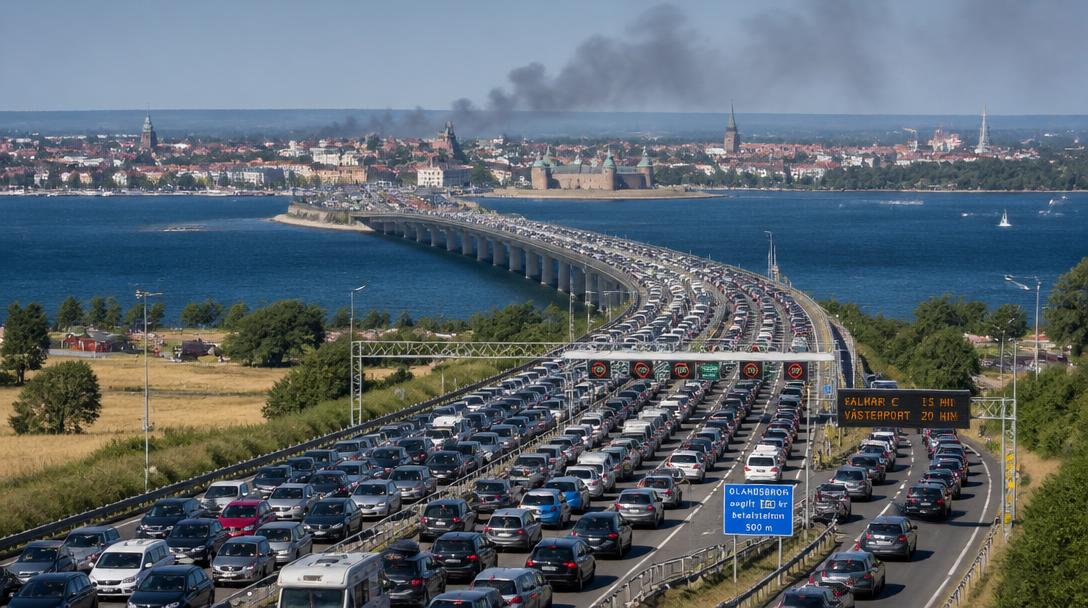 Bilbrand nära Ölandsbron orsakar midsommartrafik-kaos