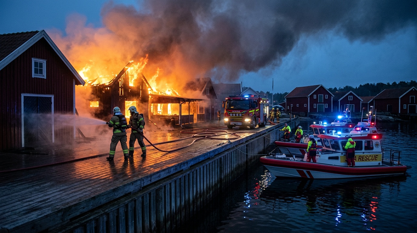 Brand på gatukök vid Smögenbryggan – räddningstjänst på plats från land och sjösidan