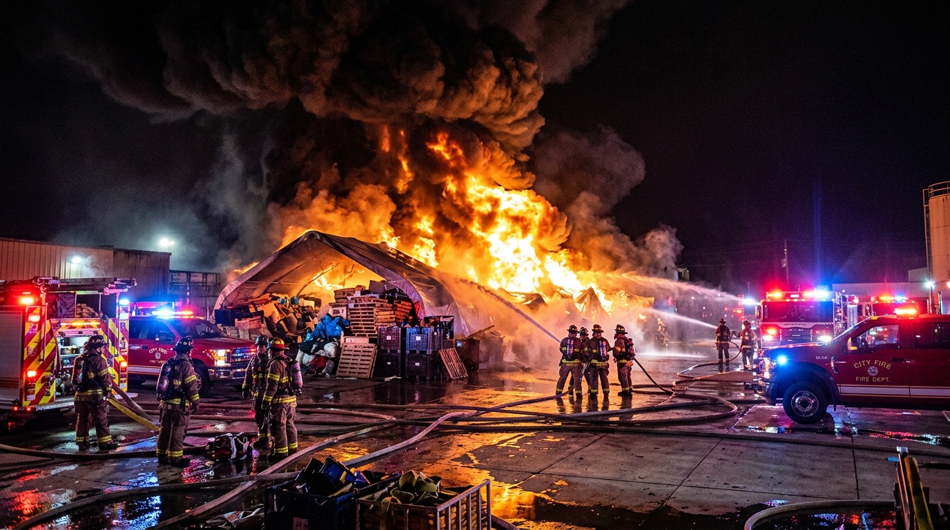 Brand på industritomt i Södertälje – tält med sopor och plast helt övertänt