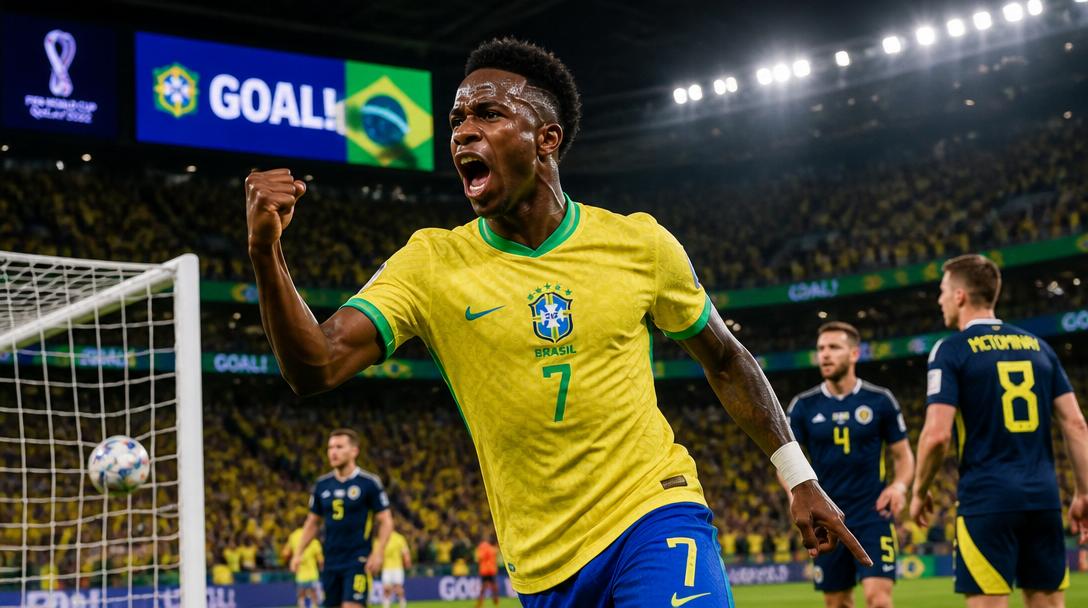 Brasilien vinner grupp C efter Vinicius dubbel mot Skottland