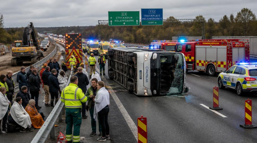 Buss med 27 personer välte utanför Varnhem, ingen skadad