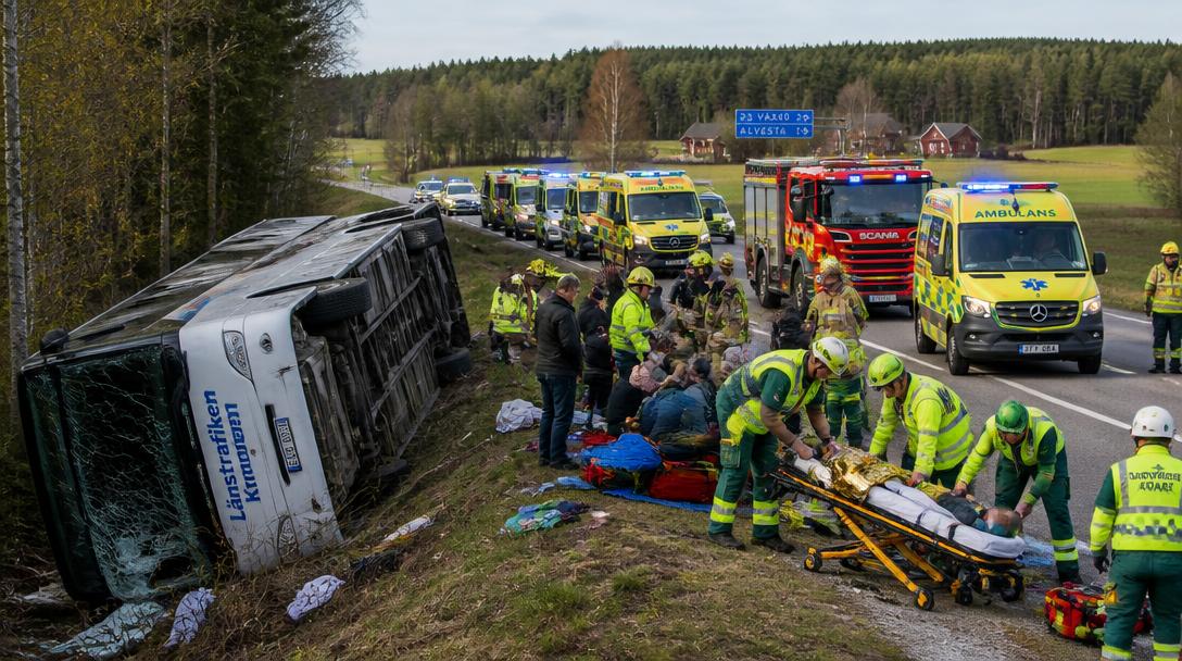 Buss välte utanför Växjö, flera allvarligt skadade