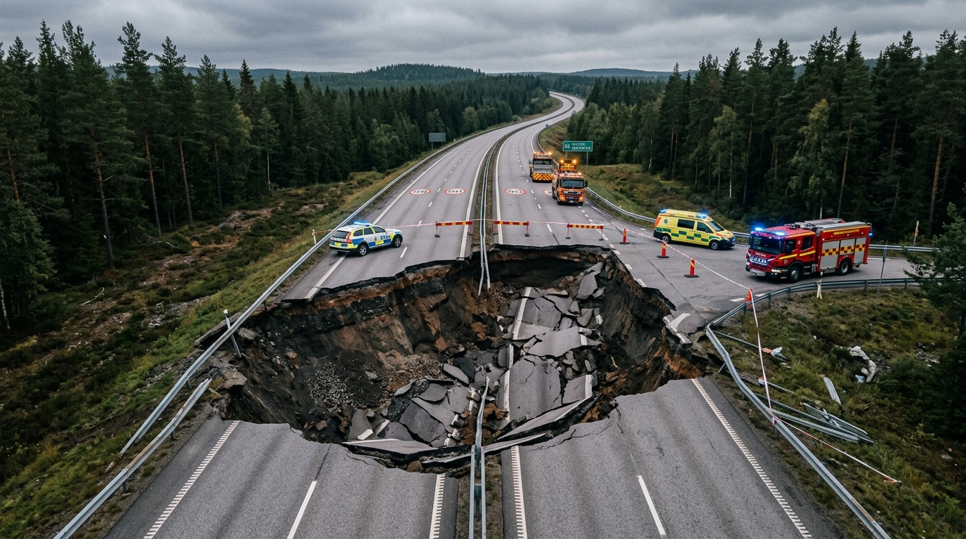 Del av E12 har rasat i västerbottniska fjällen – spricka på 5–6 meter