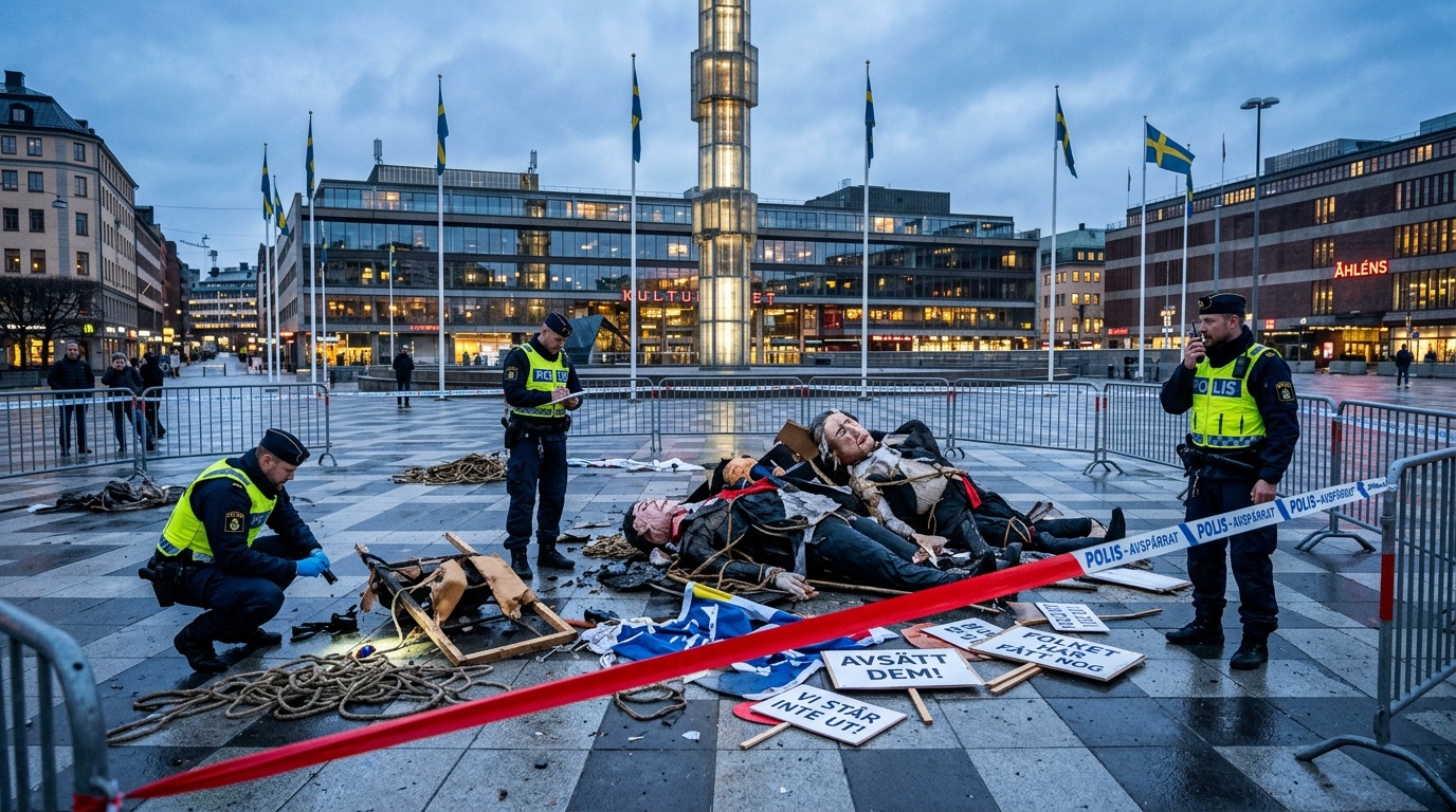 Dockor föreställande Pahlavi, Åkesson och Busch hängdes upp på Sergels torg