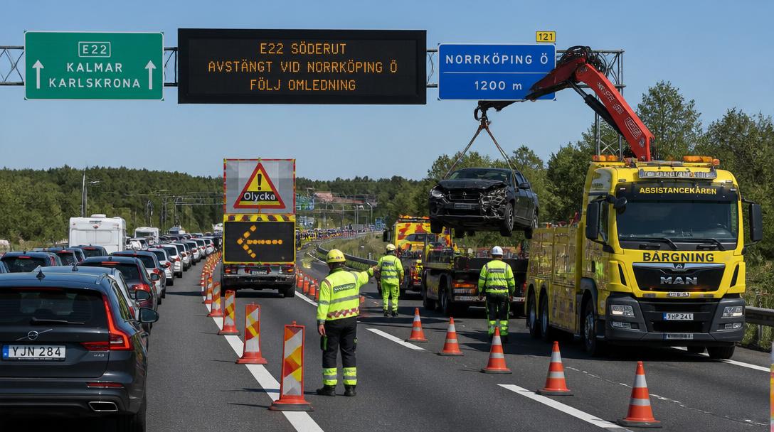 E22 avstängd i båda riktningar efter krock med mitträcke
