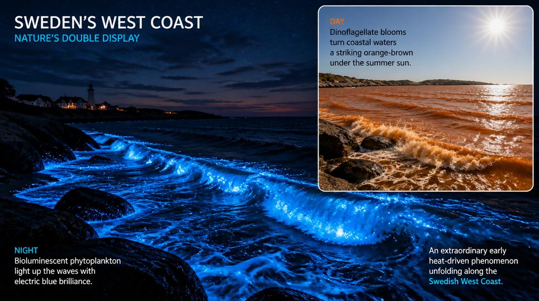 Explosion av mareld längs Västkusten, färgar havet orange och blått