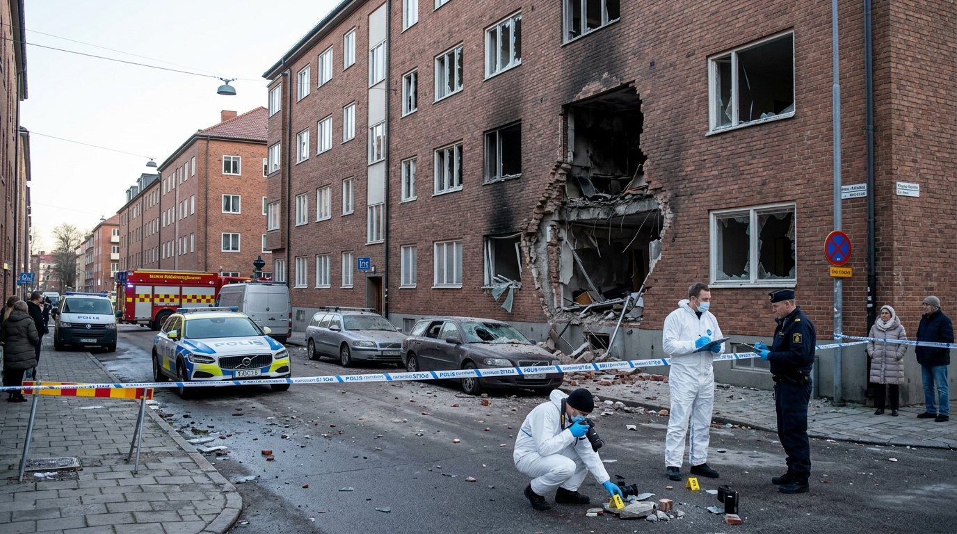 Explosion mot lägenhet i Malmö, hål i fasad och splitterskador på bilar