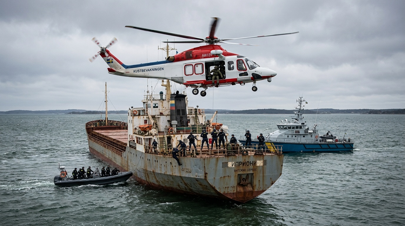 Fartyget Caffa bordades utanför Trelleborg, med övervägande rysk besättning