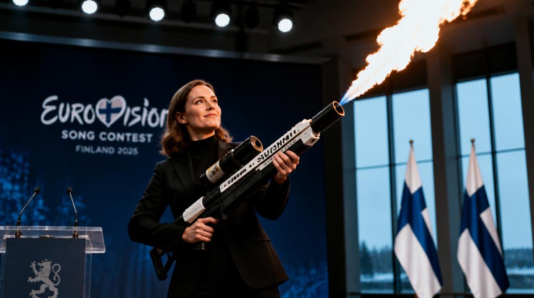Finlands statsminister hyllar sitt Eurovision-bidrag med eldkastare