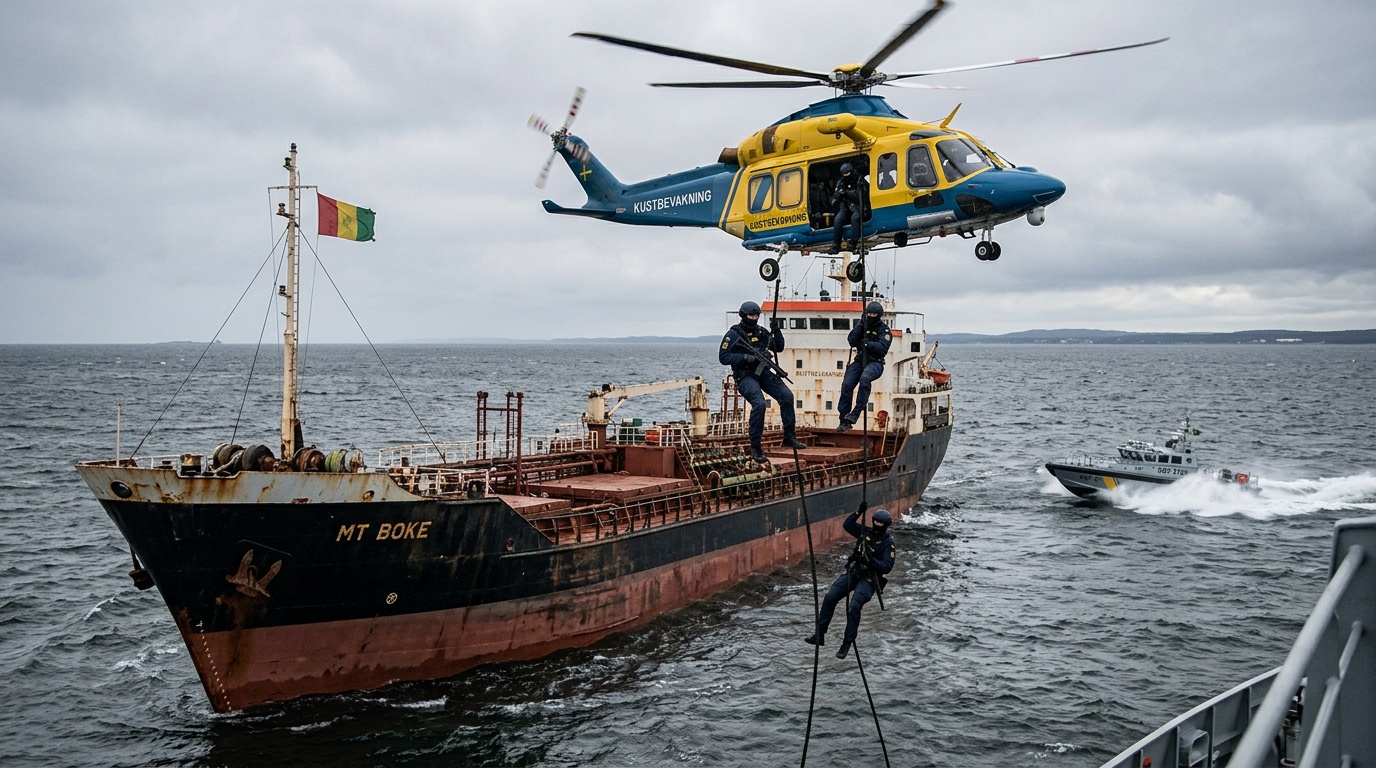 Förhör och husrannsakan pågår på bordade fartyget Caffa utanför Trelleborg