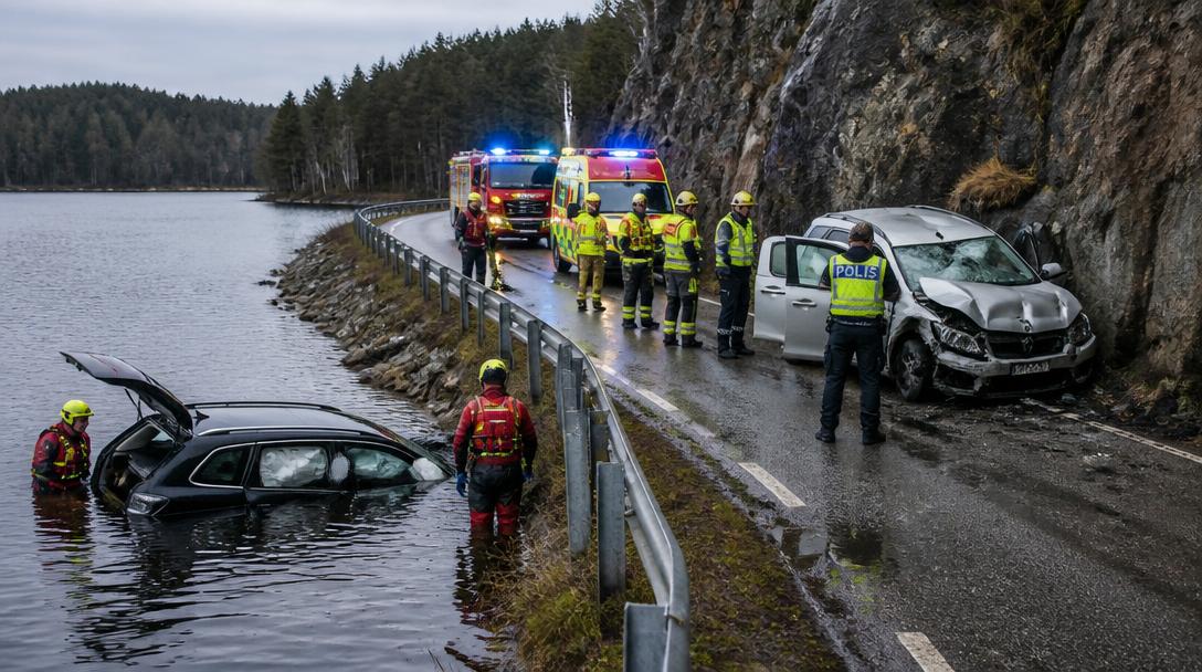 Fyra till sjukhus efter krock i Marks kommun, en bil hamnade i vattnet