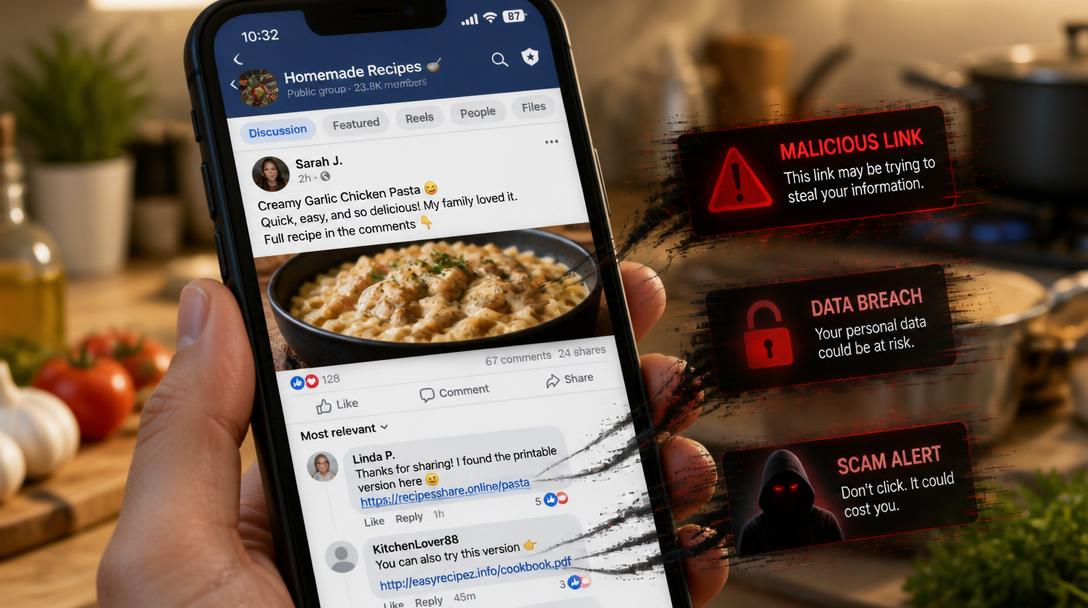 Hackad Facebookgrupp med 17 000 medlemmar lockar nu med AI-recept och misstänkt skadlig länk