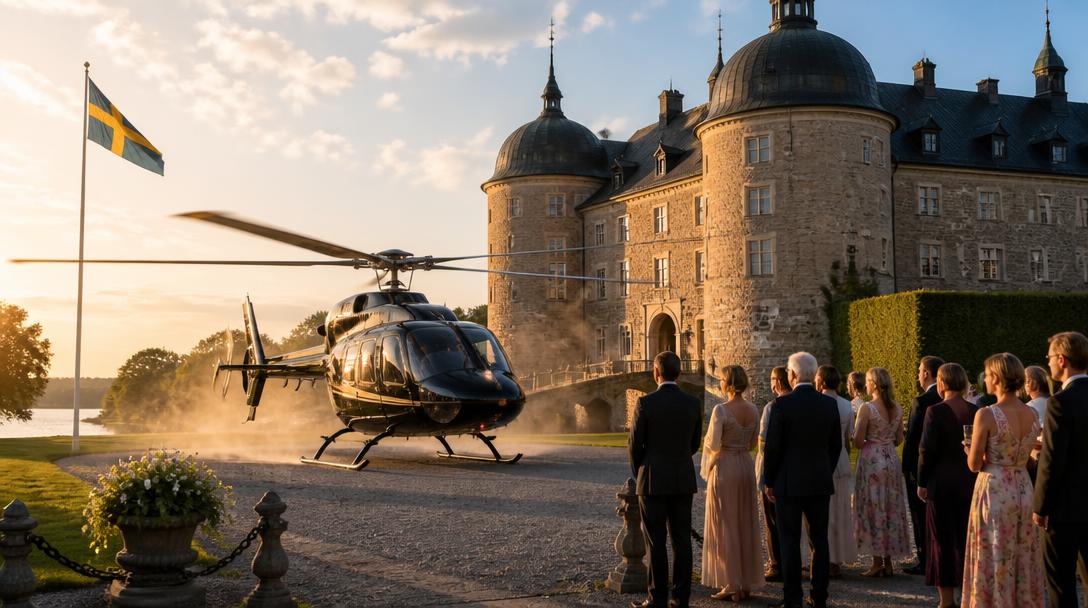 Joakim Lundell anlände i helikopter när paret förnyade sina löften
