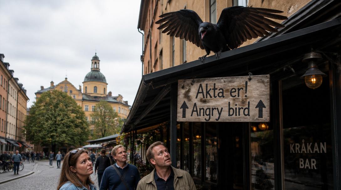 Kråka kastar sten på öldrickare i Stockholm, varningskylt satt upp