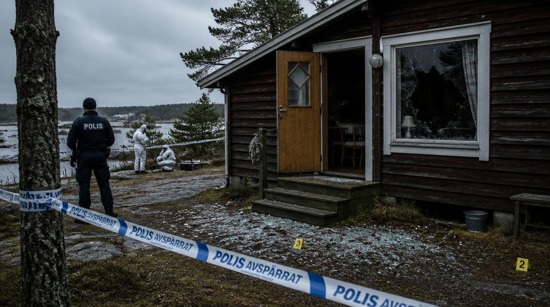Krossat fönster och öppna dörrar på mordplatsen i Sollenkroka