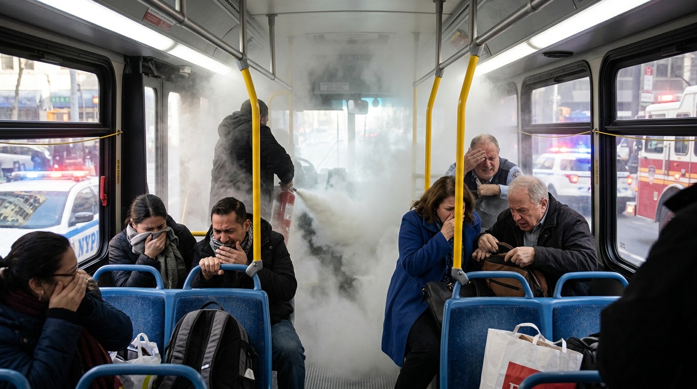 Man tömde brandsläckare på SL-buss och skadade passagerare – nu åtalas han