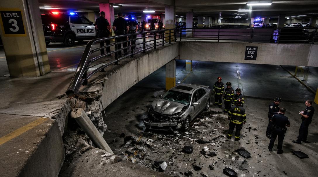 Man utan körkort skadades när bil föll ner ett våningsplan i Sollentuna