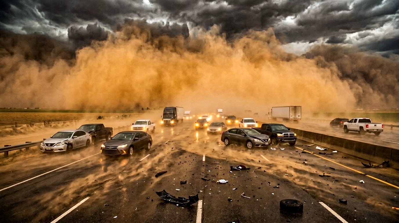 Masskrock på E22 efter sandstorm, minst 16 fordon inblandade