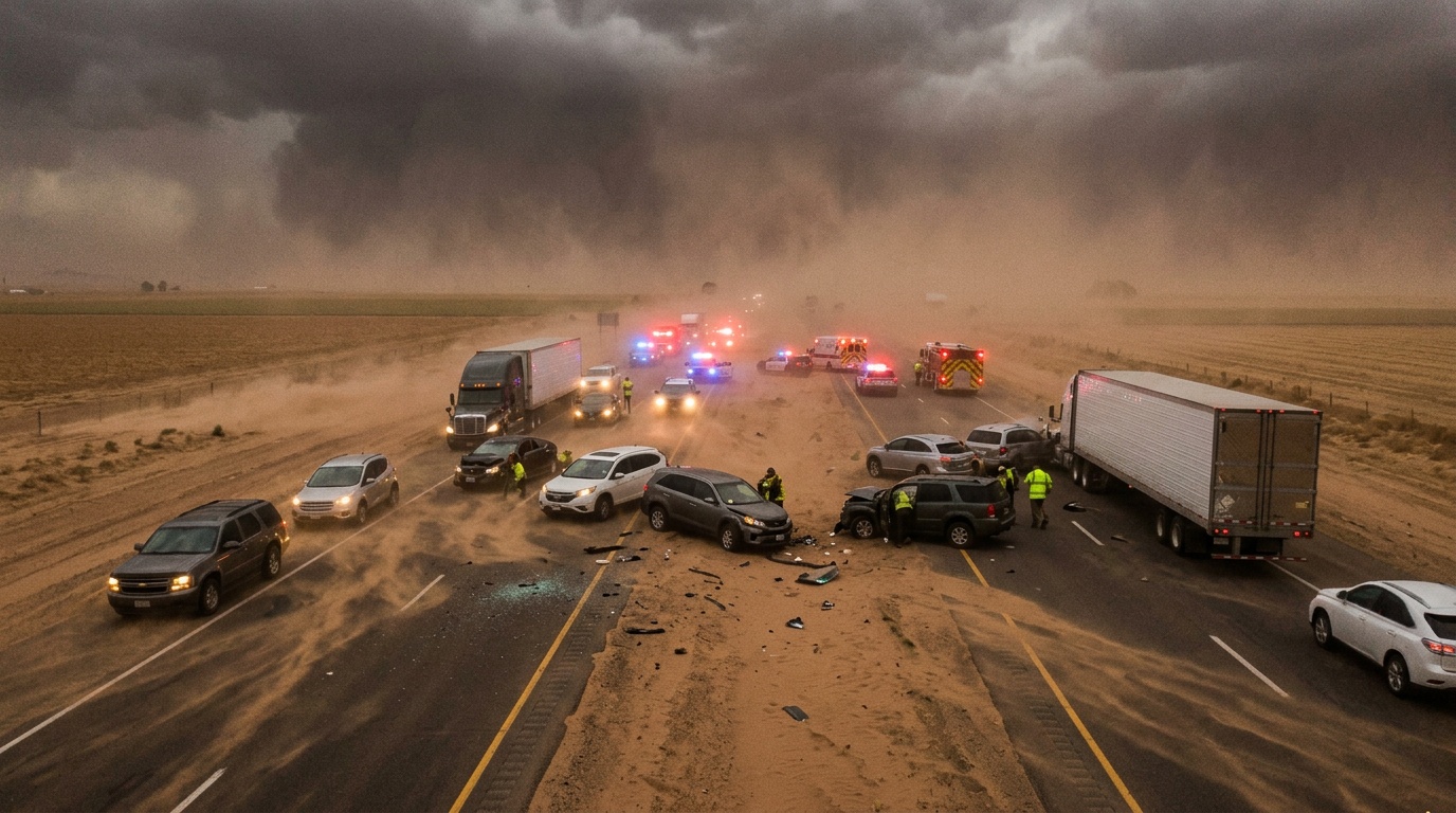 Masskrock på E22 i Sölvesborg – sandstorm orsakade dålig sikt för 16 bilar