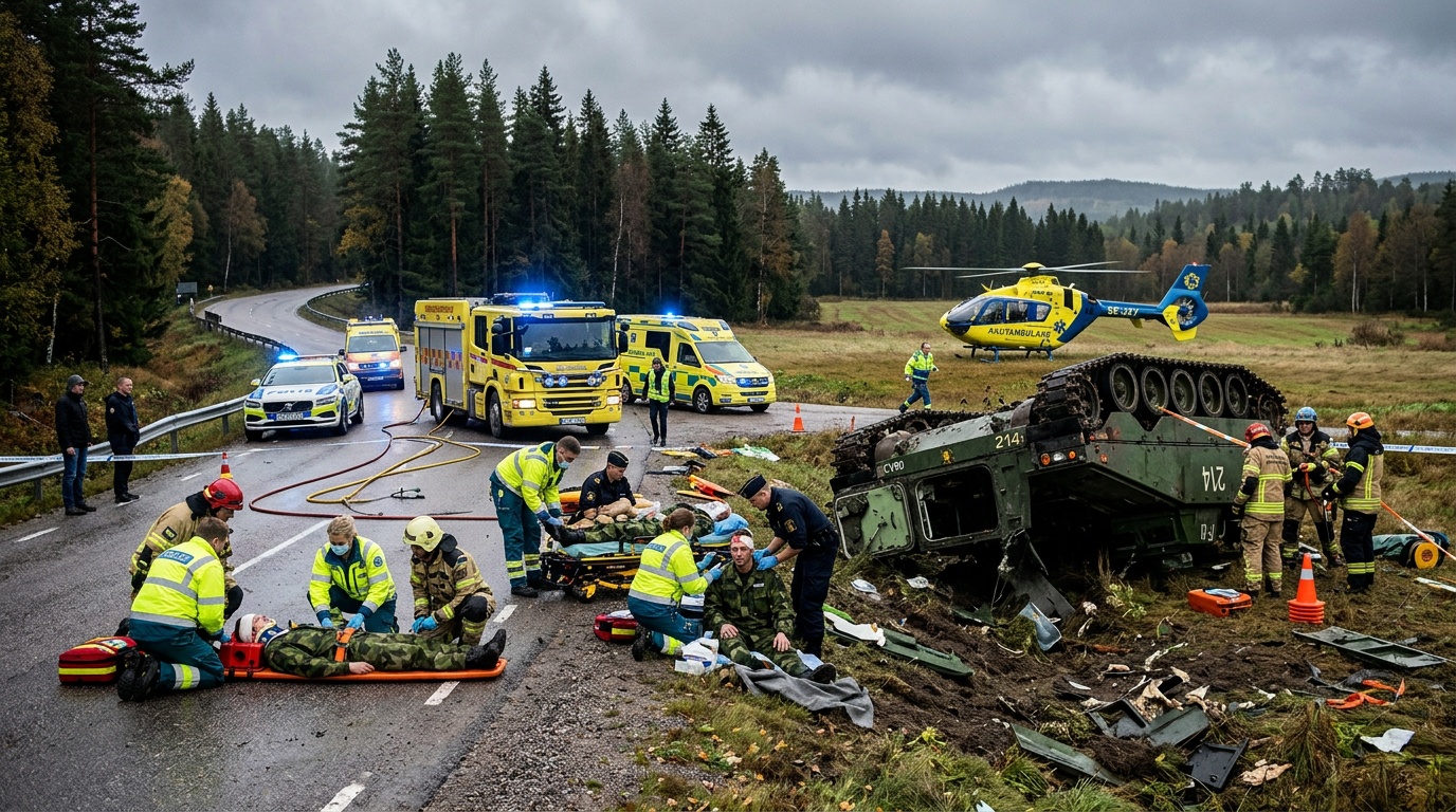Militärfordon voltade i Västerbotten, tre fördes till sjukhus