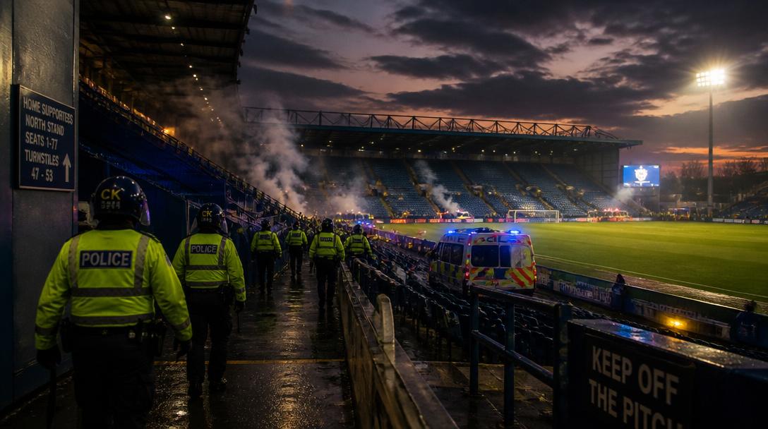 Polis fördes till sjukhus efter brand på läktaren, derby avbröt