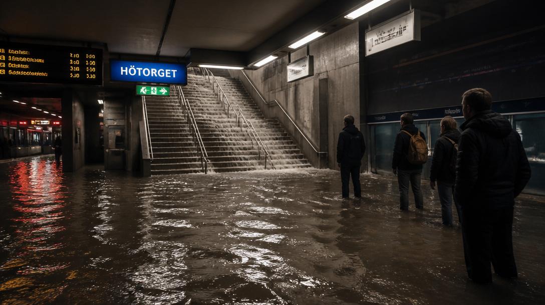 Regnoväder orsakar översvämningar i Stockholms tunnelbana