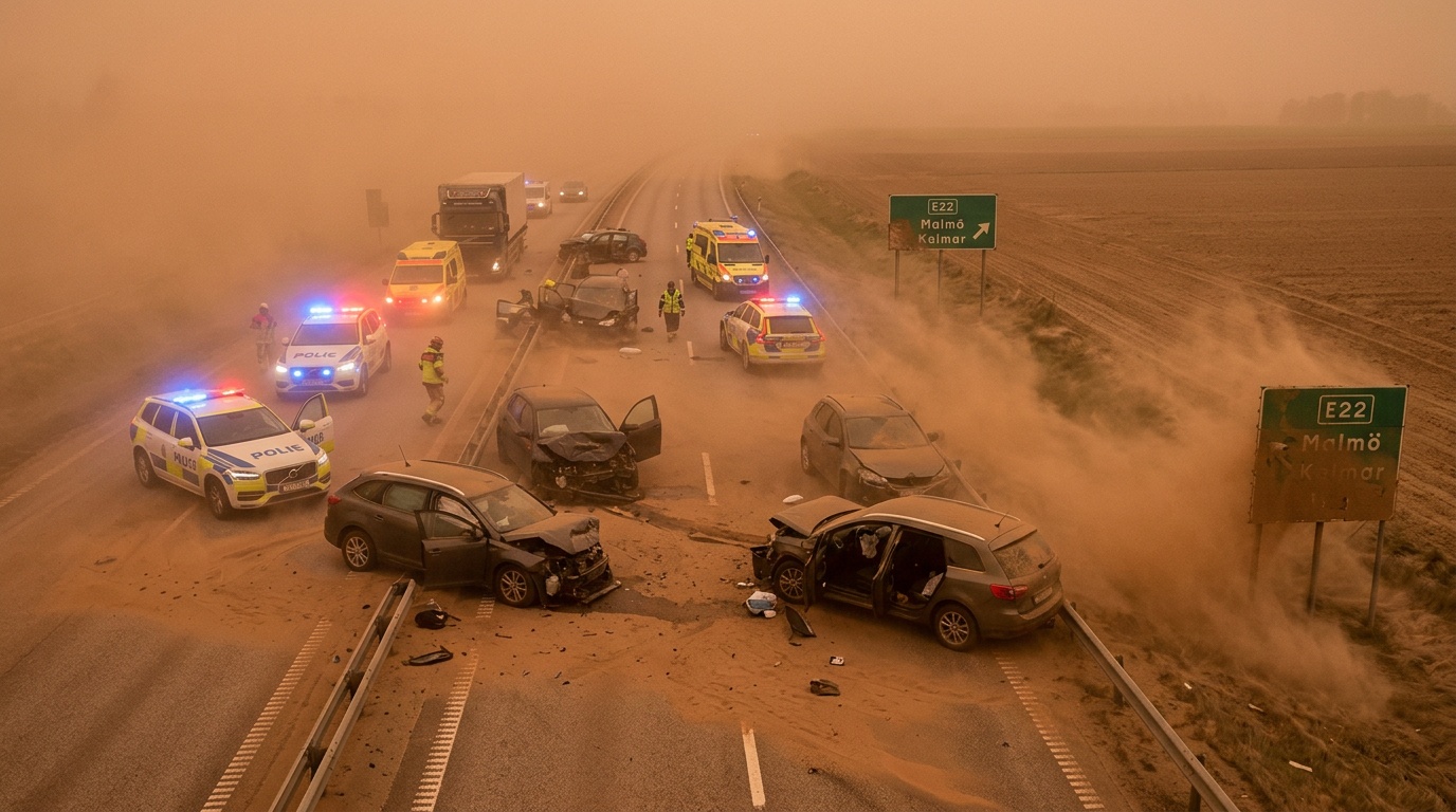 Sandstorm orsakade masskrock på E22, åtta förda till sjukhus