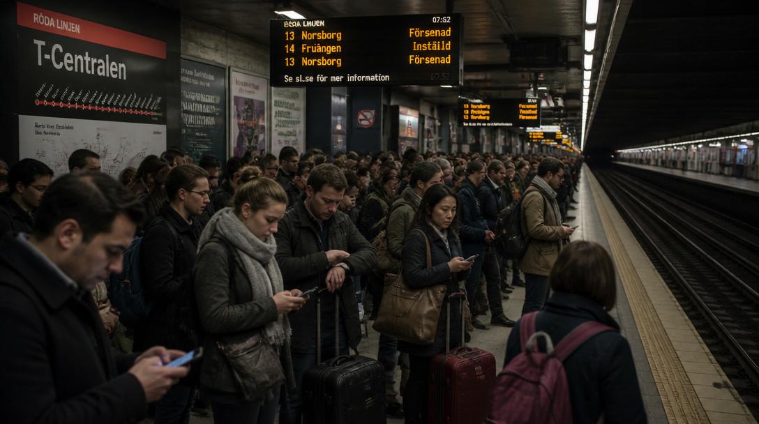 Signalfel ger fortsatta störningar på röda linjen i Stockholm