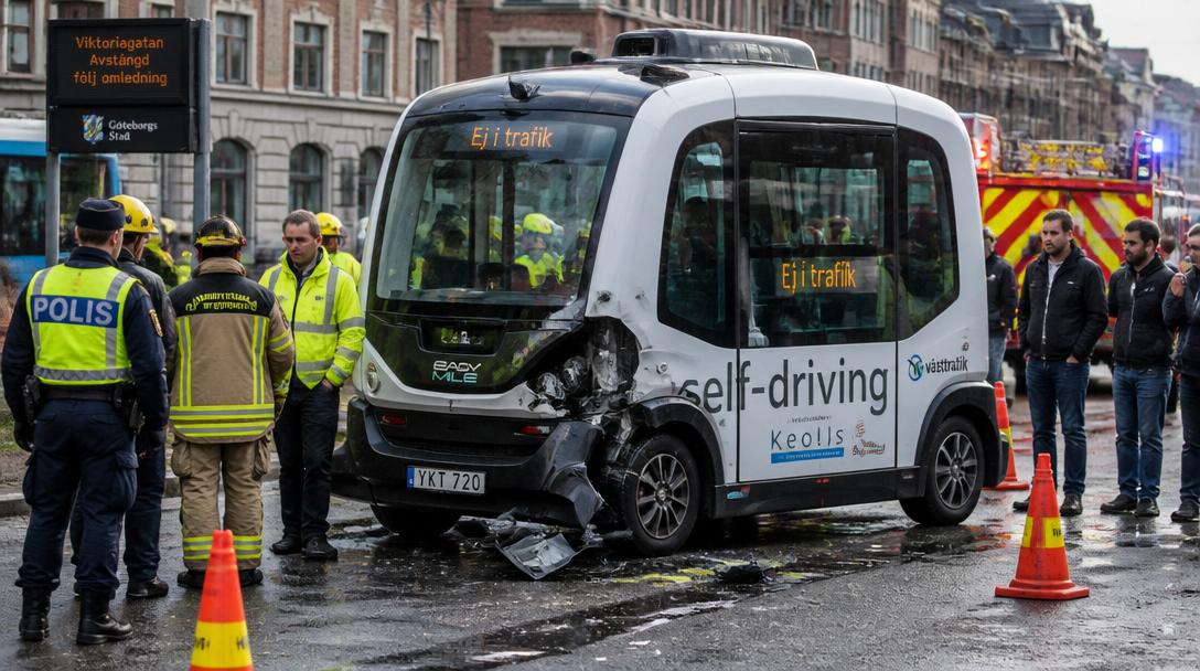 Självkörande buss i Göteborg krockar med spårvagn en timme efter premiären