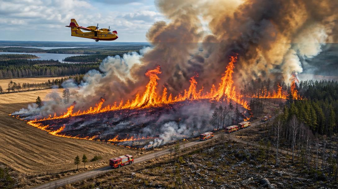 Skogsbrand vid järnvägsspår i Uppsala – vattenbombs från helikopter
