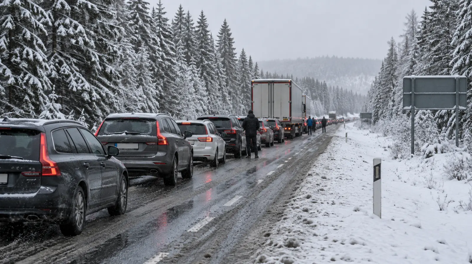 Snö i Dalarna och Värmland orsakade långa köer på E45