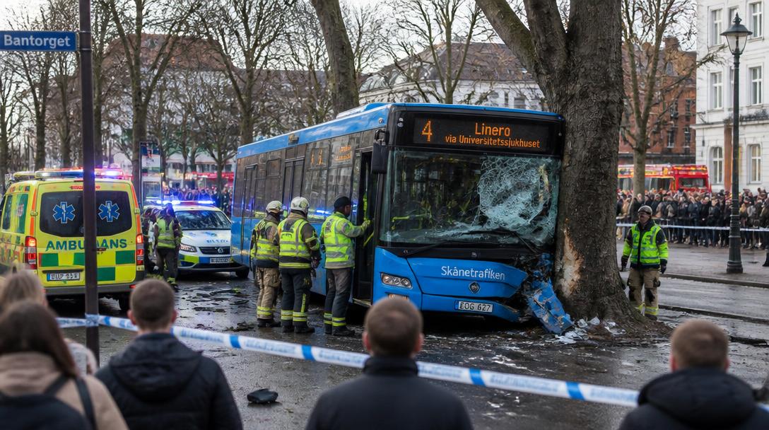 Stadsbuss kraschade in i träd i centrala Lund, nio skadade