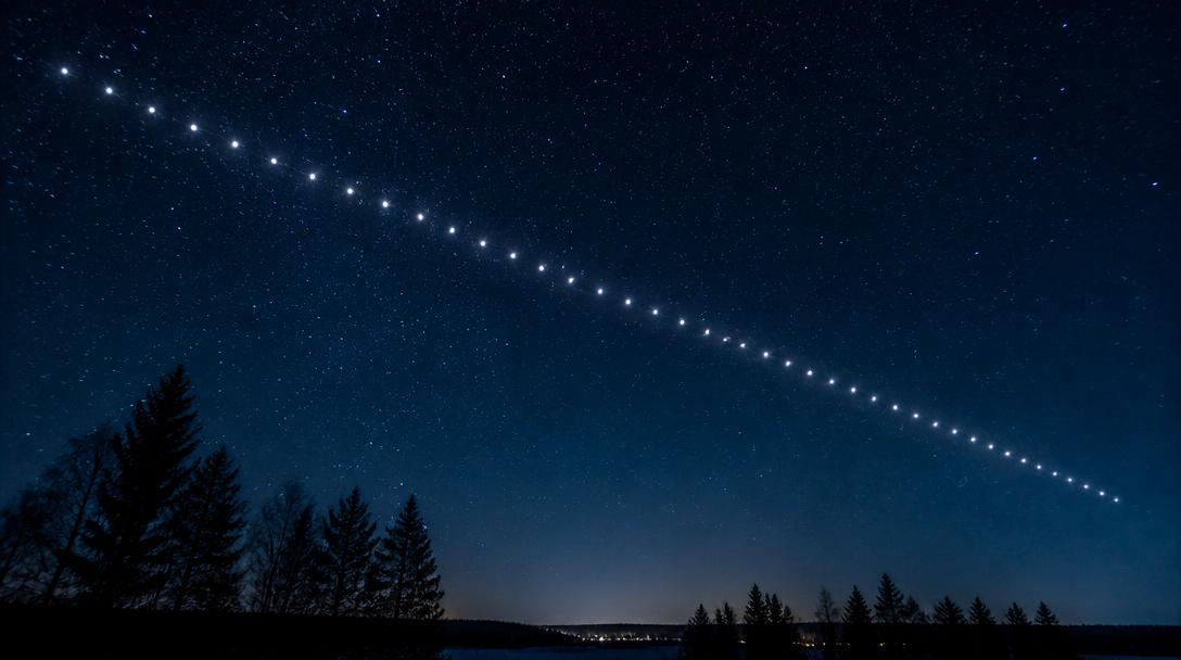 Starlink-satelliter syntes som pärlband över Sverige under måndagskvällen