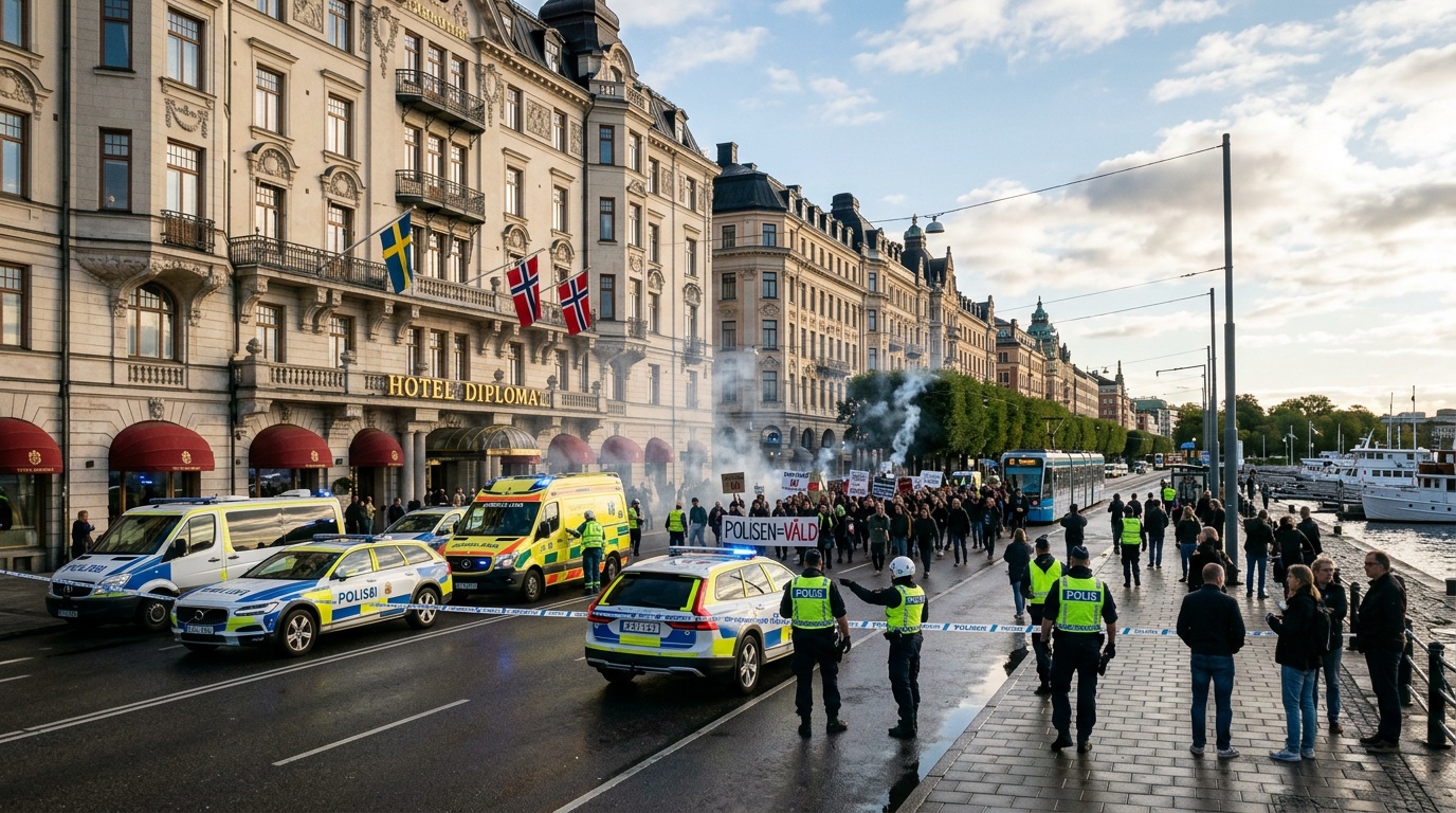 Stor polisinsats vid Hotel Diplomat i Stockholm efter larm om smällar