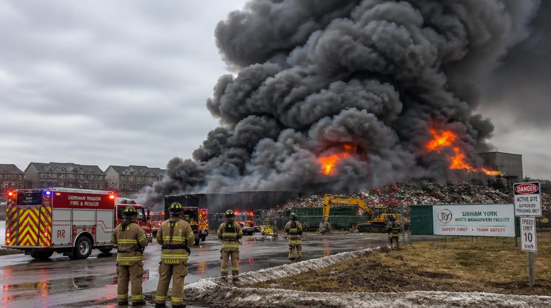 Storbrand på avfallsanläggning i Hästveda – byggnader hotade