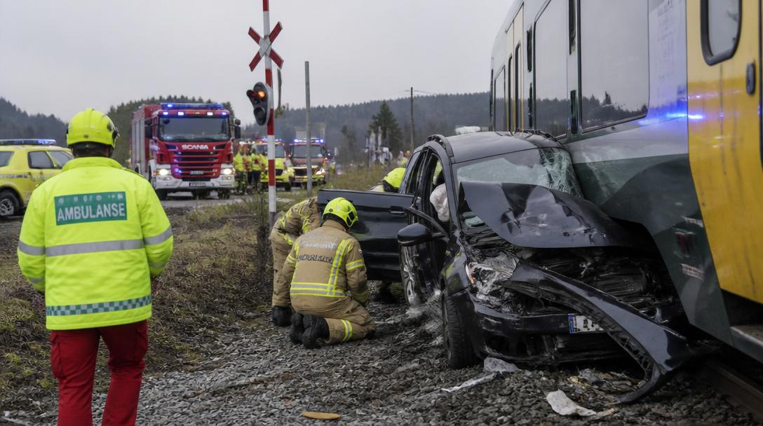 Tåg krockar med personbil utanför Vetlanda, två förs till sjukhus