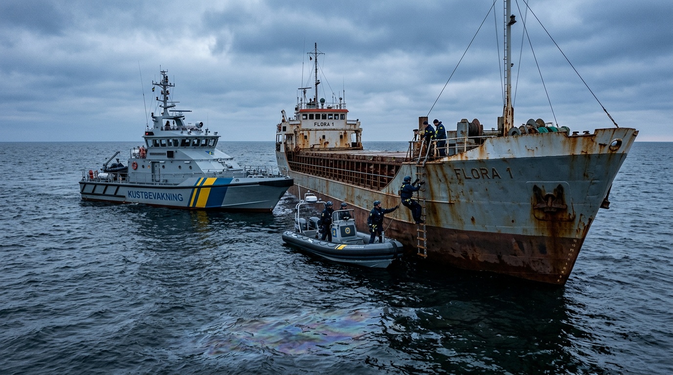 Tankfartyget Flora 1 bordat utanför Ystad, misstänkt för oljeutsläpp i Östersjön