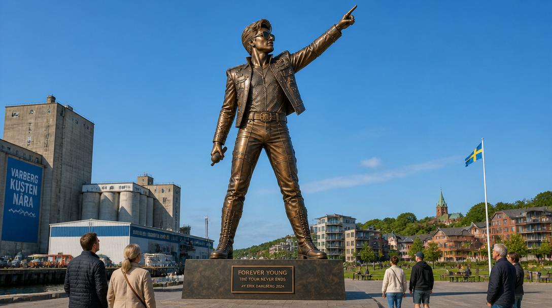 Tio meter hög Michael Jackson-staty väcker delade meningar i Ängelholm