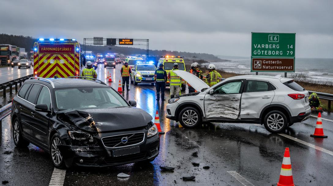 Totalstopp på E6 utanför Varberg efter trafikolycka