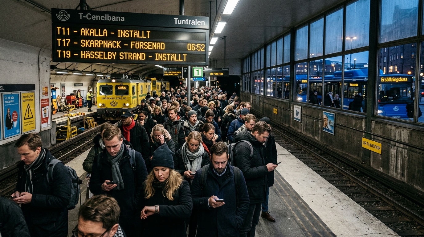 Trasigt arbetståg orsakar timslång väntan på blå linjen i Stockholm