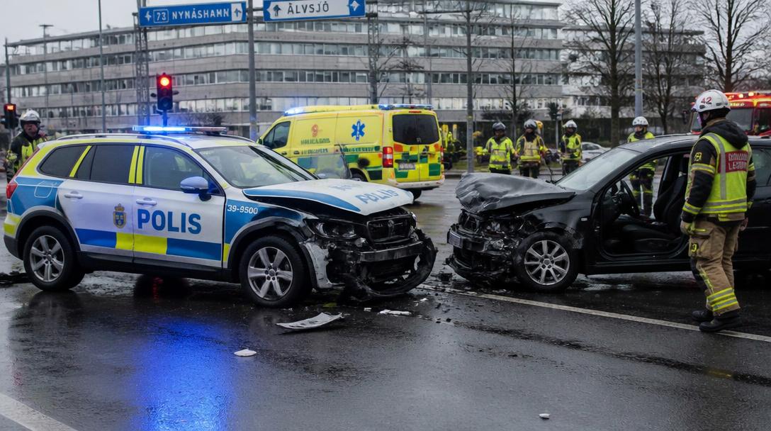 Tre personer till sjukhus efter krock med polisbil i Älvsjö