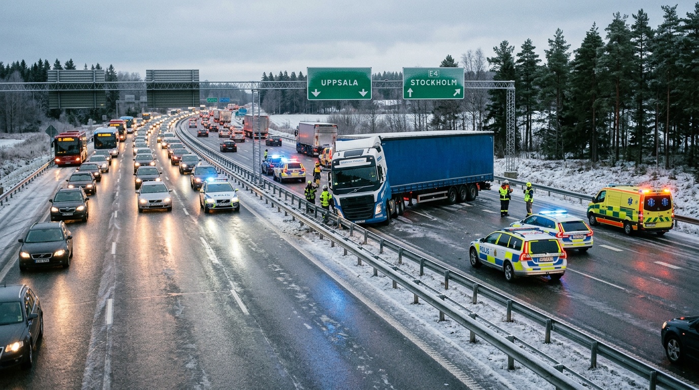 Två olyckor på E4 norr om Stockholm i halkigt morgonväder
