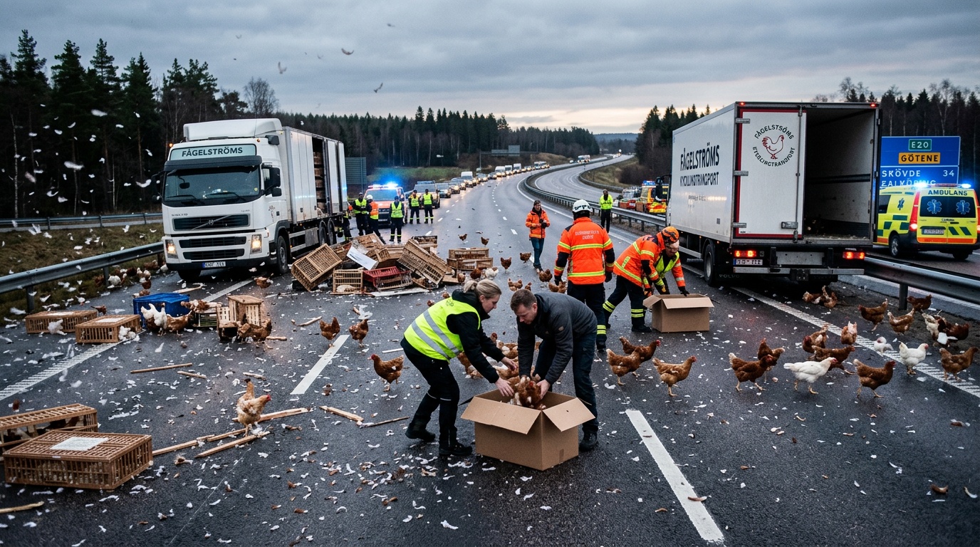 Upp till 1 500 hönor spred kaos på E20 i natt, vägen stängdes av