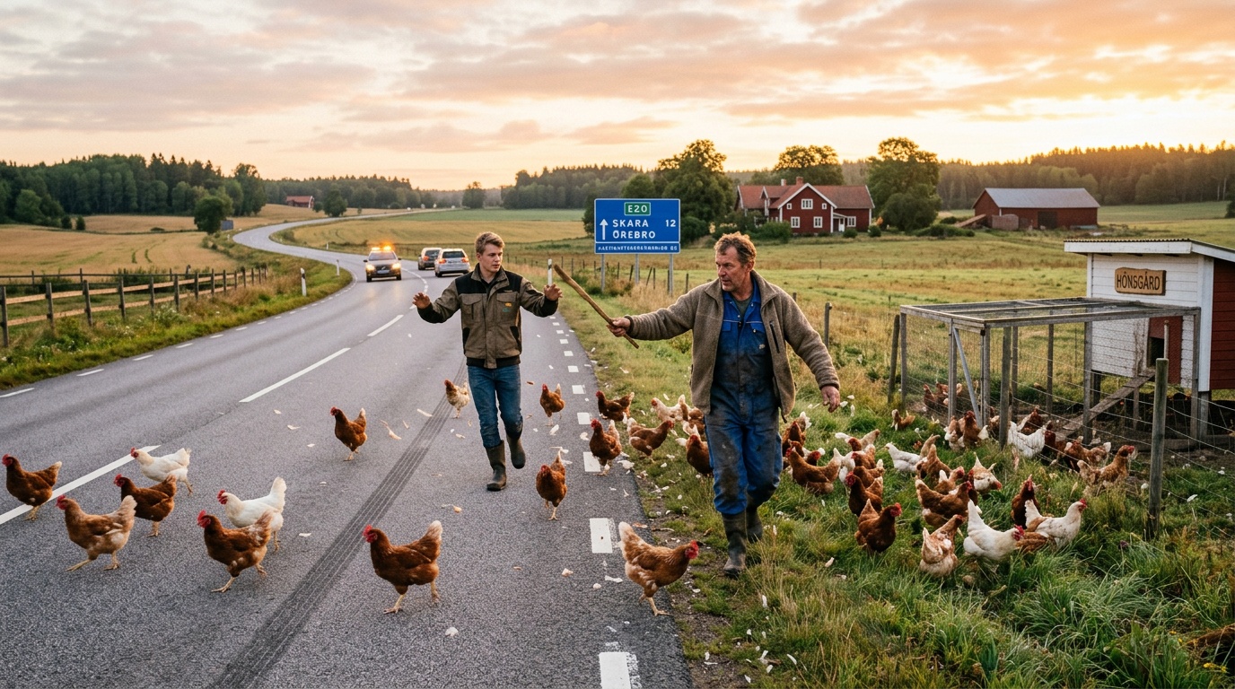 Upp till 1 500 höns rymde från lastbil på E20, gårdsägare åt äggen till frukost