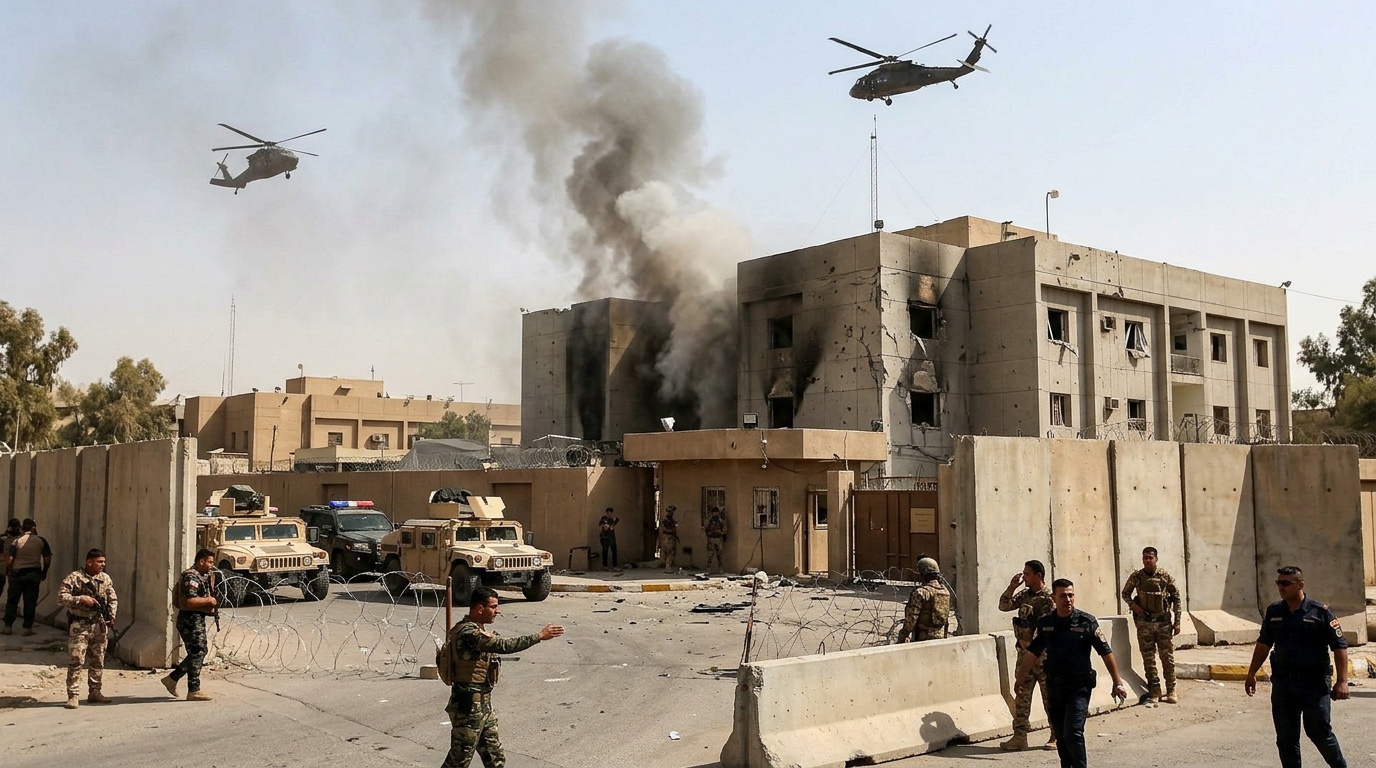 USA:s ambassad i Bagdad attackerad, rök stiger från byggnaden